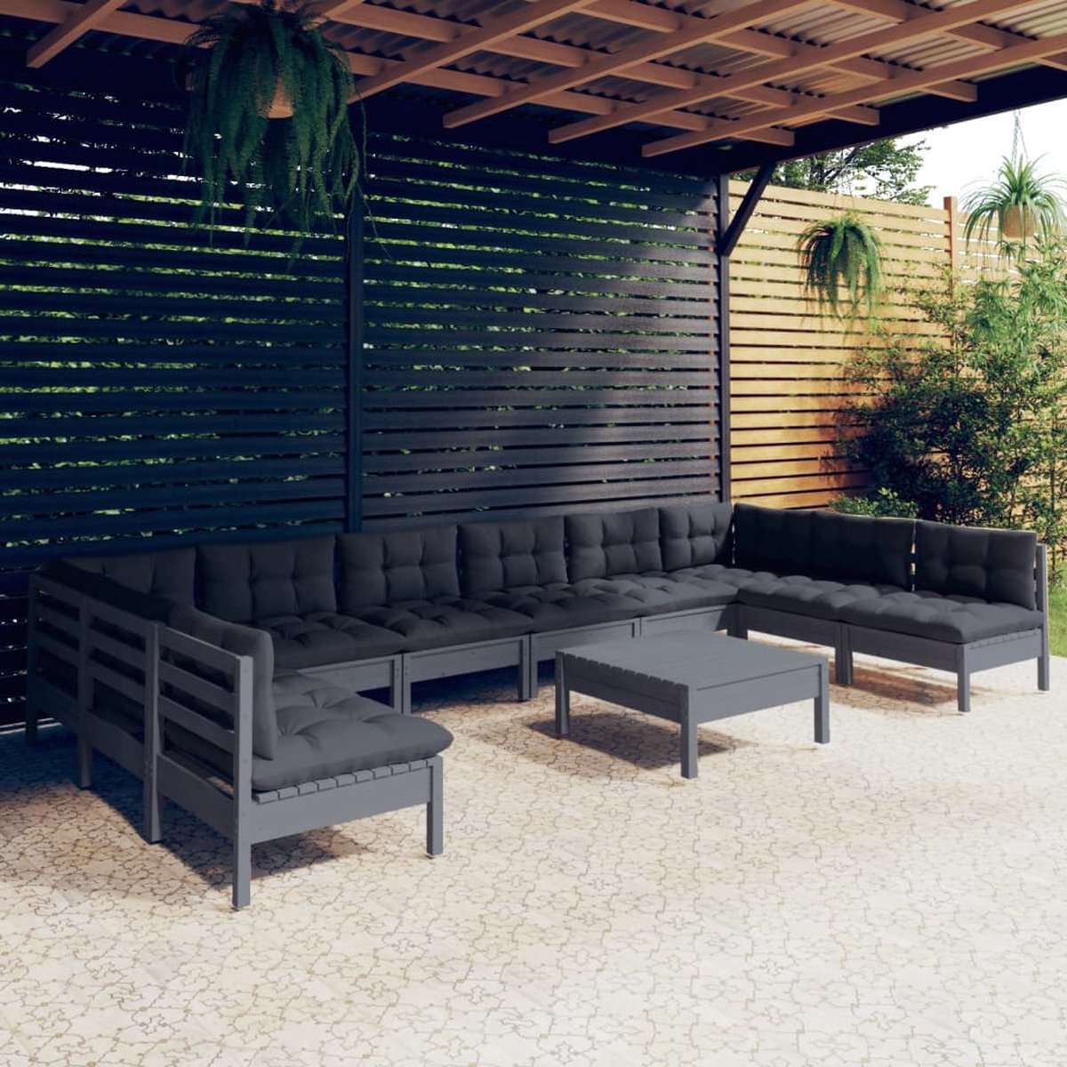 The Living Store 11-delige Loungeset met kussens massief grenenhout grijs - Loungeset - Tuinlounge - Buis Meubel - Houten Lounge - Loungestoel