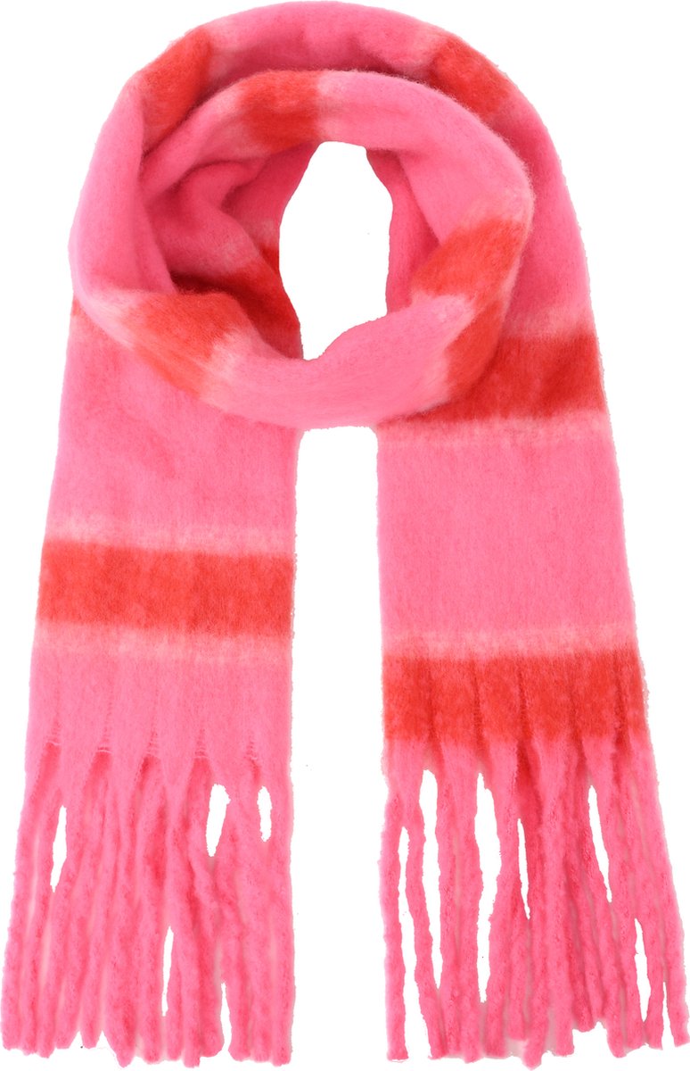Nouka Roze & Rode Dames Sjaal – met Strepen - Dikke & Warme Sjaal – Sjaal met Franjes - Herfst / Winter – 35 x 180 cm