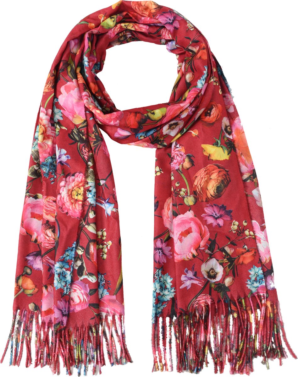 Nouka Rode Multicolor Dames Sjaal - Bloemen Print en franjes – Warme & Lichte Sjaal – Herfst / Winter – 70 x 180 cm
