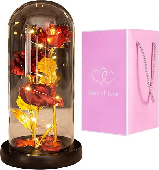 Liefdes Cadeau Rozen - Eeuwige Roos - 3x Rood / Gouden Roos in glas stolp met LED Verlichting - Romantisch Cadeau voor vrouw, vriendin, haar, moeder - Verjaardag - Huwelijk - Kerst - Kunstbloemen - Moederdag Cadeautje