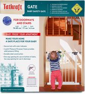 Tatkraft GATE Barrière de sécurité réglable pour escaliers et portes avec indicateur d'ouverture et de fermeture, barrière de sécurité rétractable durable, ajustement par pression, dimensions : 29,9-33,5 x 30,3 x 1,8 pouces, acier durable, blanc