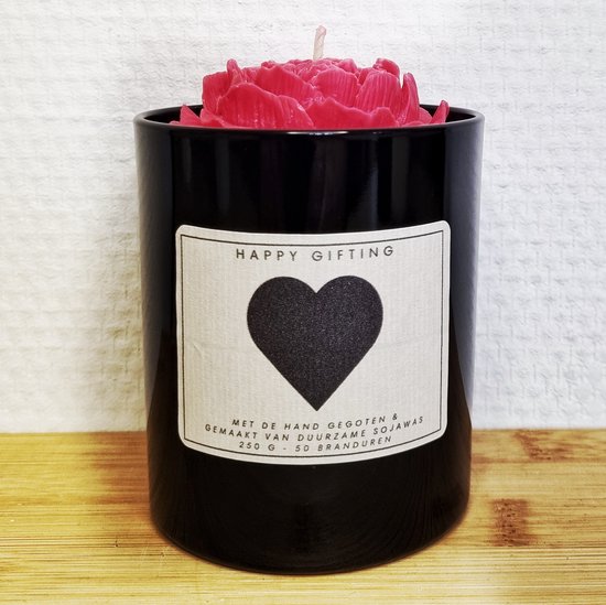 Hart - Soja was geurkaars - Rode roos - Kaarsglas glanzend zwart - Kaneel geur - 250 gram - 50 branduren - Geurkaars - Kaars - Kaars met tekst - Soja was – Soy wax – Handgemaakt – Cadeau – Cinnamon - Geschenk – Duurzaam - Valentijn - Valentijnsdag