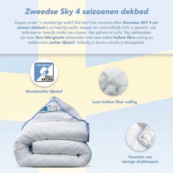 Swedish Sky | Luxe Non-Allergisch Wasbaar 4-Seizoenen Dekbed | Het Echt Ademende Anti-Allergische HolleVezel Dekbed | 240x220cm (Extra Lang) - Swedish SKY
