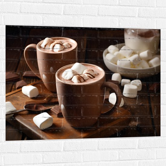 Muursticker - Chocomel - Mokken - Marshmallows - lepel - Chocolade - 100x75 cm Foto op Muursticker