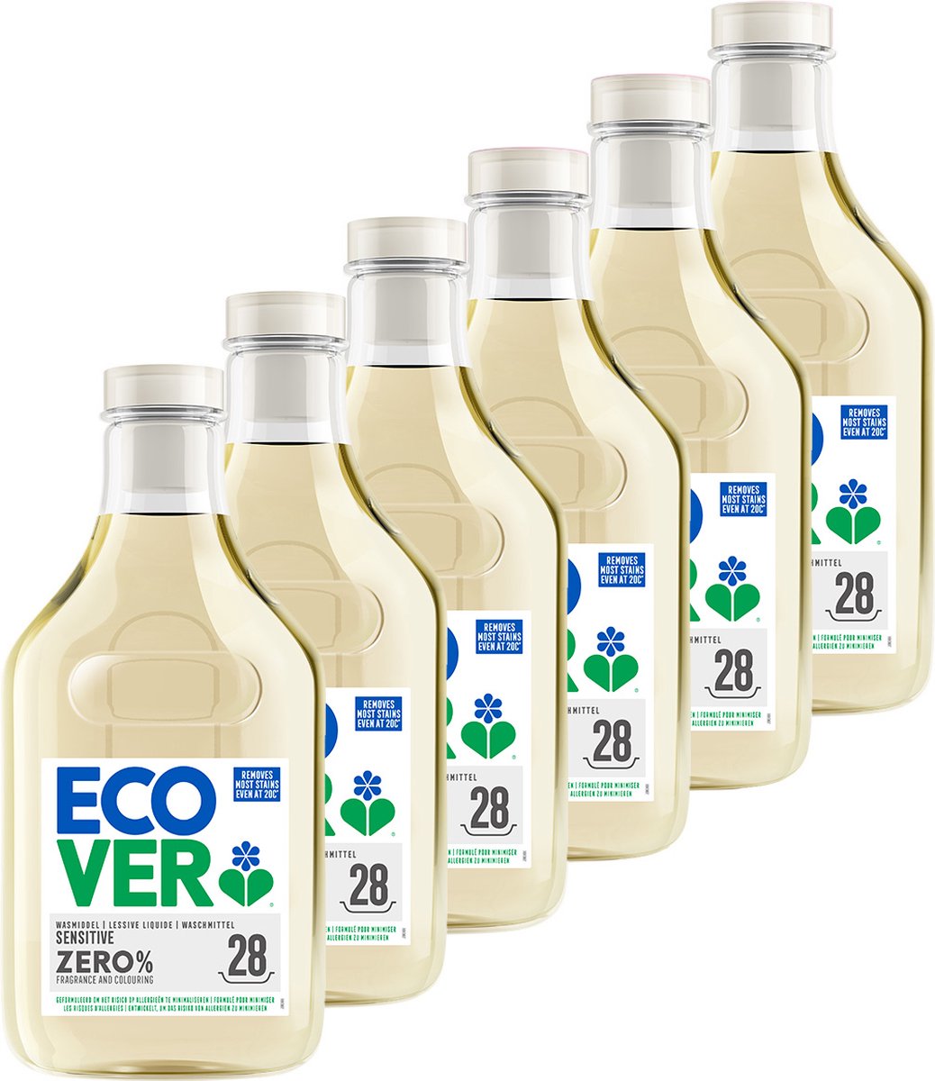 Goedkoopste Ecover Wasmiddel Voordeelverpakking ZERO Sensitive 6 x 1,43 L - 84 Wasbeurten - Gevoelige Huid - Baby Wasmiddel