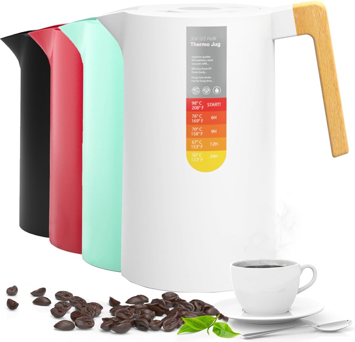 Thermoskan, 1 l, 304 roestvrij staal, houten handvat, thermoskan koffiekan, dubbelwandig, roestvrij staal, 12 uur warm/24 uur koud, ideaal als koffiepot of theepot, wit
