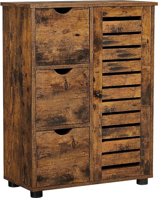 Foto: Badkamermeubel dressoir opbergkast 3 laden 2 verstelbare planken achter de deur badkamermeubel badkamer woonkamer keuken gang vintage bruin