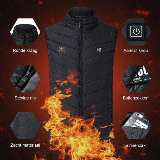 Zwarte bodywarmer met ronde kraag, rits, buitenzakken en binnenzakken. Met vuur-illustratie en details.