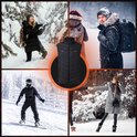 Collage van mensen die genieten van de winter, met een zwarte bodywarmer in het midden.