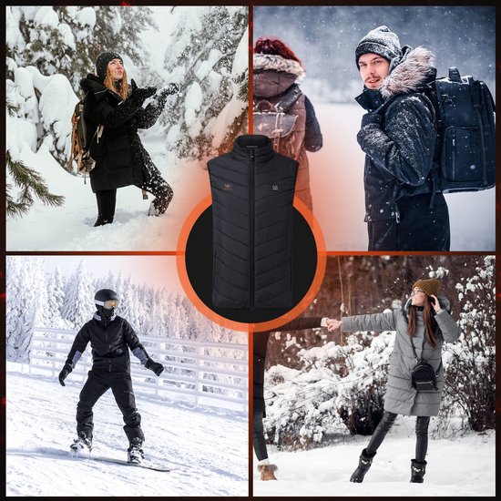 Collage van mensen die genieten van de winter, met een zwarte bodywarmer in het midden.