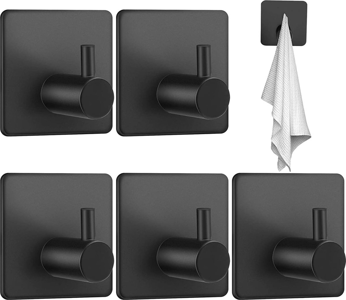 Handdoekhaken, 5 stuks zelfklevende haken, handdoekhouder, zonder boren, haken, zelfklevend, zwart, ideaal voor badkamer, toilet, keuken
