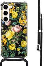 Hoesje met koord - Geschikt voor Samsung Galaxy S23 - Bloemen geel - Verstelbaar zwart koord - Crossbody - Bloemen - Transparant, Geel - Leuke Telefoonhoesjes