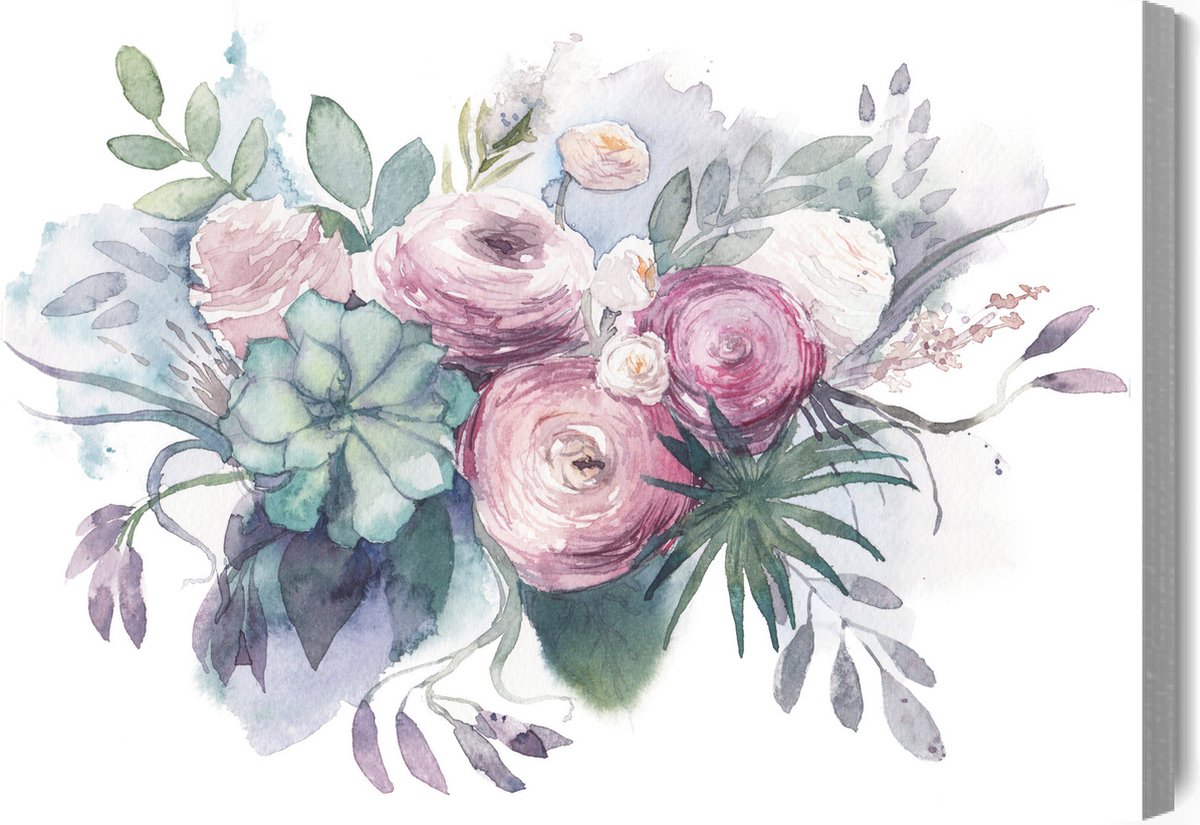 Schilderijkoning - Canvas Schilderij Pastelkleurige Bloemen Geschilderd Met Waterverf - 90 x 60 cm