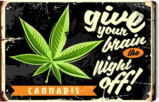 Schilderijkoning - Canvas Schilderij Cannabisblad En Retro Belettering - 30 x 20 cm