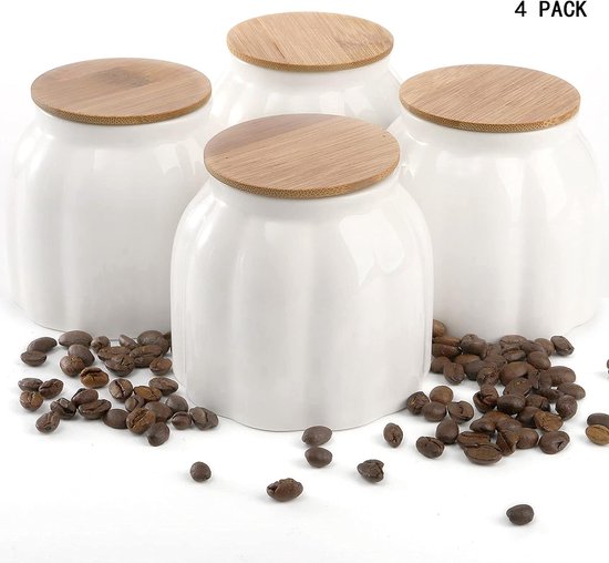 Bocal de conservation des aliments en céramique blanche avec couvercle  hermétique en bambou, bocal de rangement en céramique de 10 oz, sucrier,  sel, café, thé, lot de 2