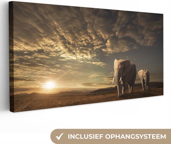 Peinture sur toile - Photo sur toile - Éléphant - Soleil - Nuages ​​- Paysage - Animaux - Décoration murale - 80x40 cm - Tableaux sur toile salon