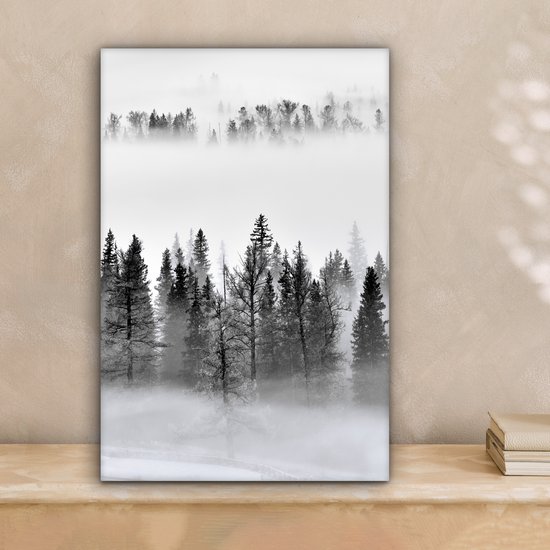 Peinture sur toile - Arbres - Brouillard - Forêt - Nature - Canvasdoek - 20x30 cm - Photo sur toile - Peinture nature
