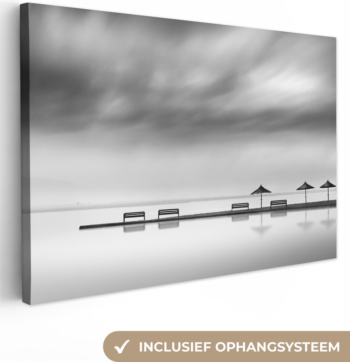 Canvas schilderij 150x100 cm - Wanddecoratie Zee - Bankjes - Parasol - Grijs - Muurdecorat