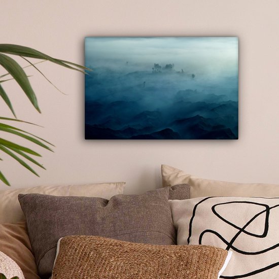 Peinture sur toile - Brume - Arbres - Berg - Blauw - Canvasdoek - Photo sur toile - 30x20 cm - Peintures sur toile