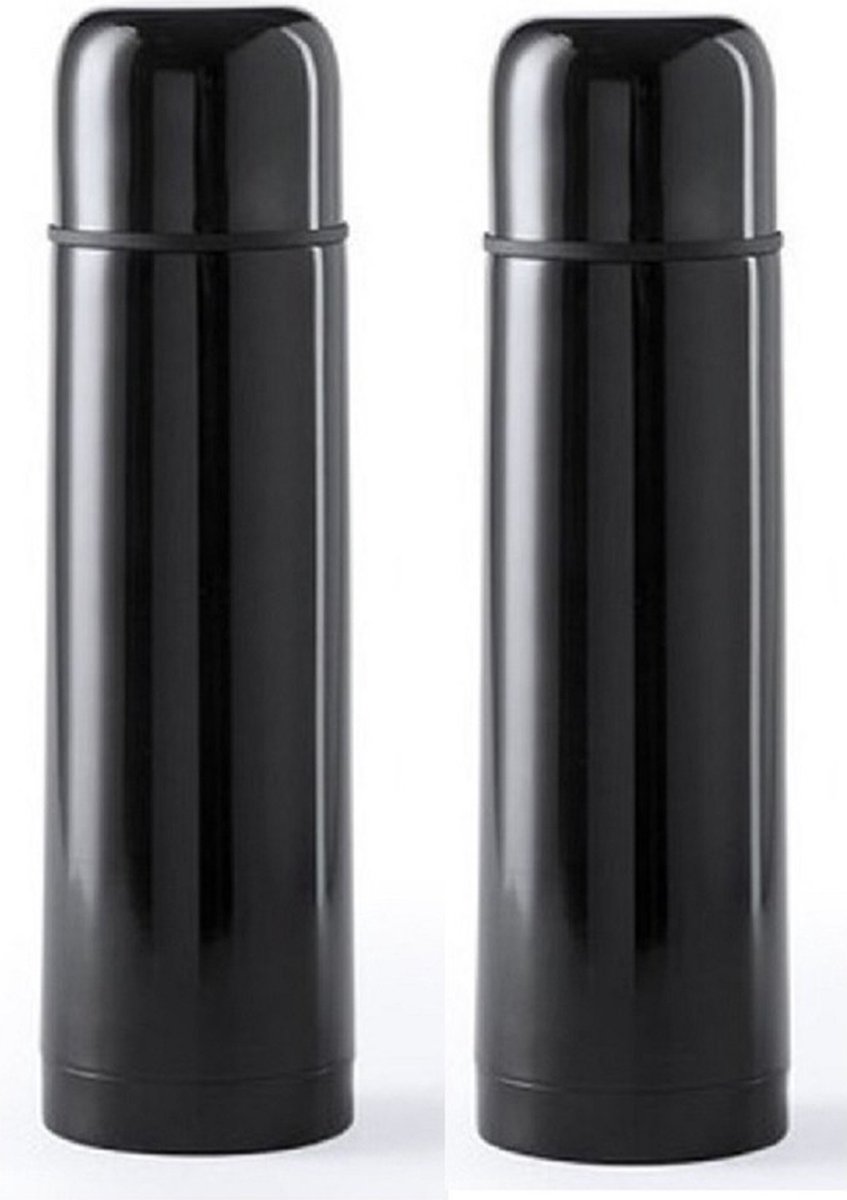 Thermosfles/isoleerkan - 2x - 500 ml - zwart - RVS - schroefdop als beker - 25 cm