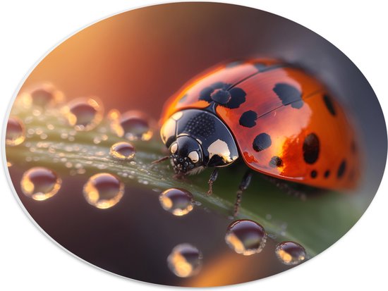 PVC Schuimplaat Ovaal - Lieveheerstbeestje zit op blad dat is bedekt met waterdruppels - 40x30 cm Foto op Ovaal (Met Ophangsysteem)