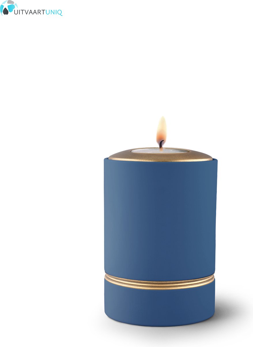 Mini asbus urn blauw met herdenkingslichtje - keramiek