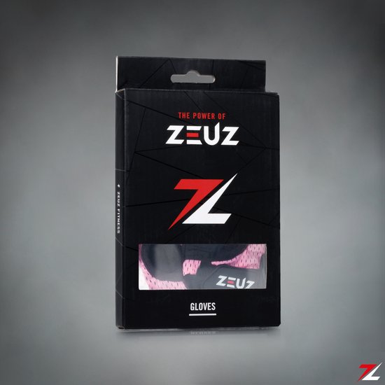 Zwarte doos met roze en zwarte fitnesshandschoenen zichtbaar door een venster. "THE POWER OF ZEUZ GLOVES" staat op de doos.
