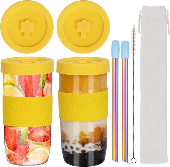 Creano Dubbelwandige drinkglazen met bamboedeksel & rietje 360ml - Smoothie beker - Bubble Tea - Cocktailglas - Set van 4