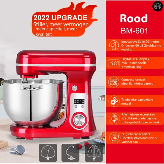 Boze® Deegmachine - Deegmixer - Kneedmachine - Rood/6L/3 Kopstukken/Biolomix van Boze — afbeelding 3