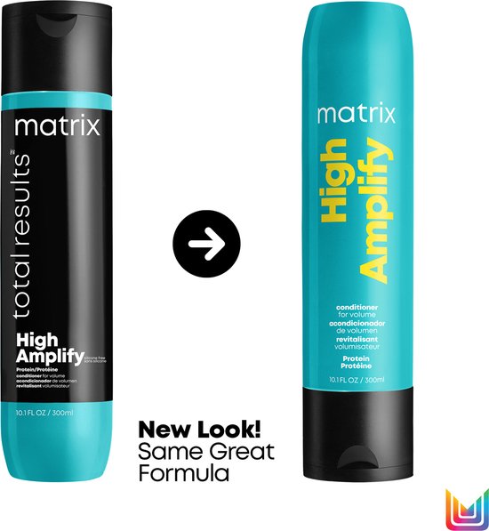 Bouteille Matrix Total Results à côté de la bouteille Matrix High Amplify. Nouveau look, même formule.