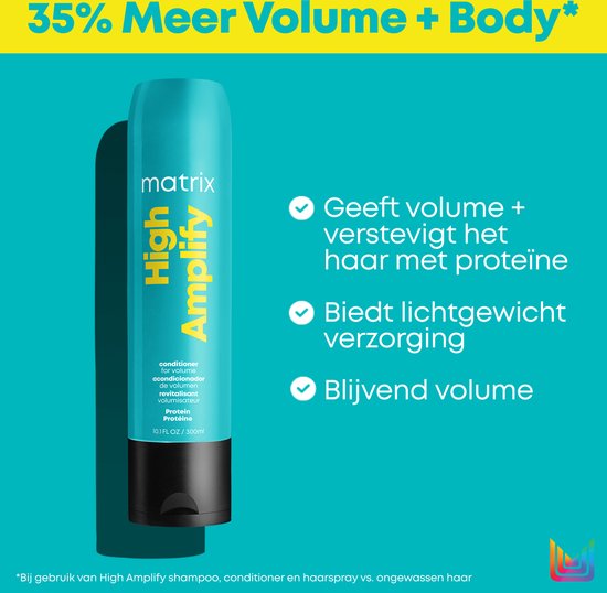 Flacon de revitalisant Matrix High Amplify turquoise avec texte jaune. Donne du volume et fortifie les cheveux.