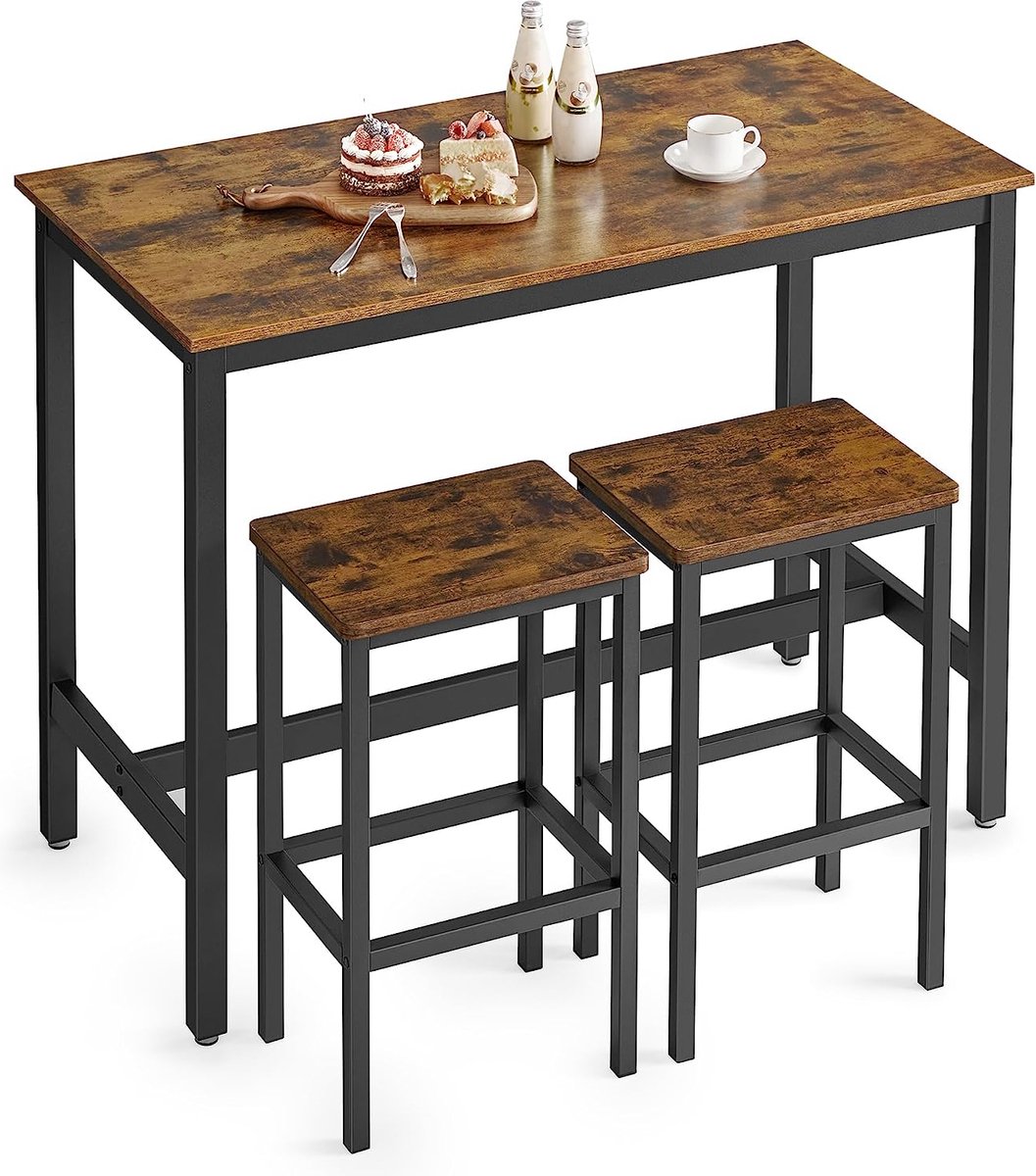 FurnStar - Bartafel Set met 2 Barkrukken – Eettafel Set – Industrieel Design – 120x60x90cm / 40x30x65cm- Rustiek Bruin