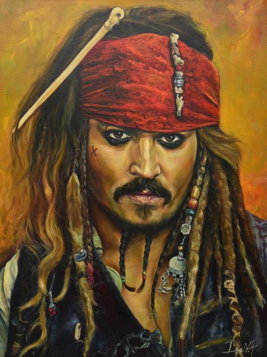Peinture sur verre Jack Sparrow / Johnny Depp - Impression d'art sur verre acrylique - largeur 90 cm. x hauteur 120 cm. - Art sur verre - Pirates des Caraïbes - myDeaNA
