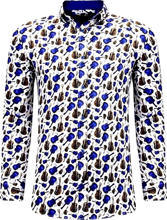 TONY BACKER Luxe Chemises hommes avec guitare Imprimer - 3069 - Wit/ Blauw - Tailles: S