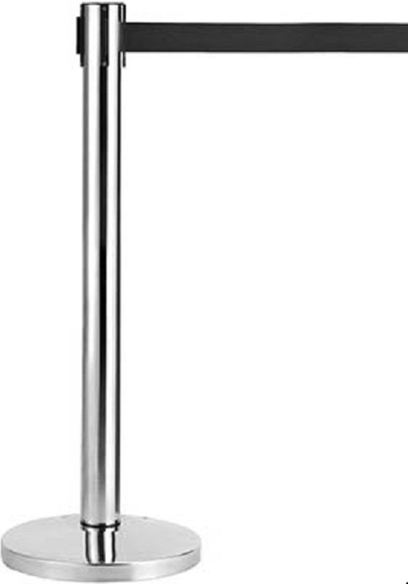 Afzetpaal van geborsteld RVS met zwarte nylon riem van 230 cm. Afzetpalen van hoge kwaliteit van het merk Aluanz.