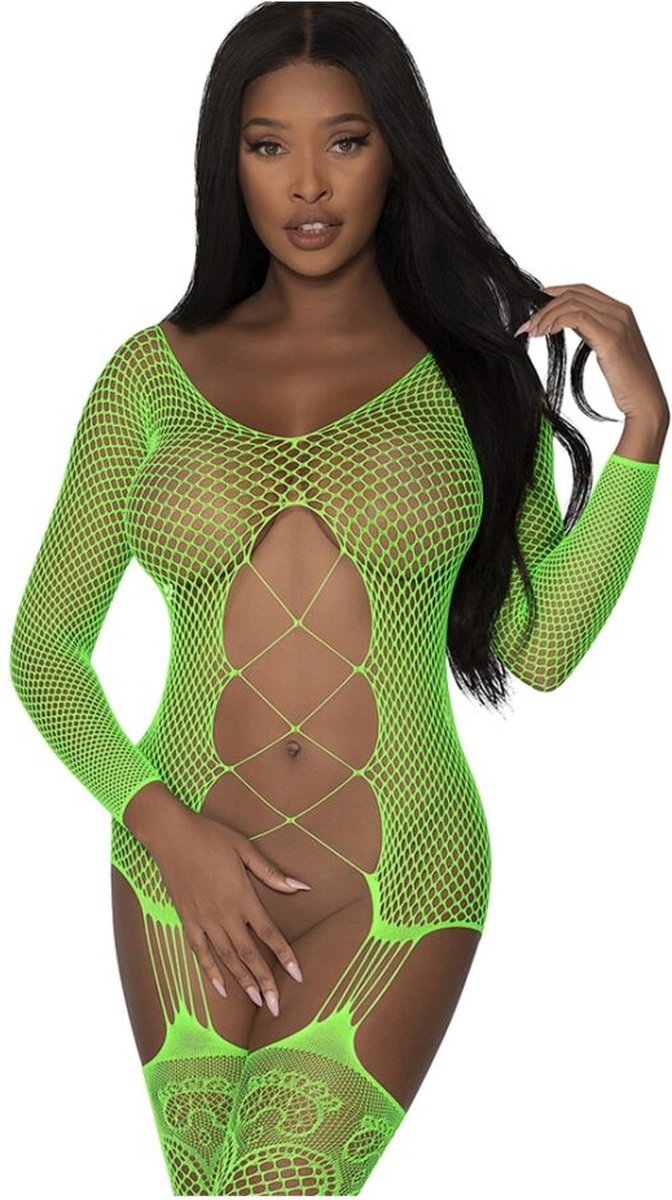 Magic Silk - Exposed S127LIM1SZ - Fishnet Gartered Catsuit One Size