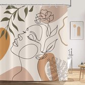 Rideau de douche beige 180 x 180 cm style bohème moderne abstrait art filles visage fleurs vert feuilles lavable rideaux de douche polyester textile imperméable rideau de douche pour baignoire avec 12 crochets