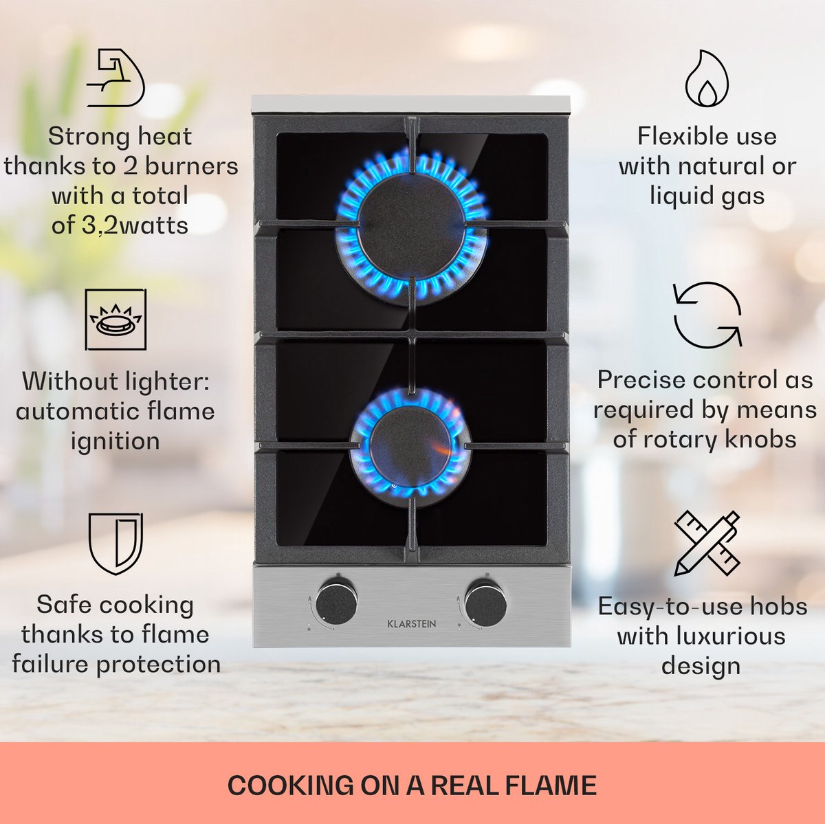 Plaque de cuisson à gaz à 2 feux, 30 cm, noire, en verre trempé, avec  supports en fonte, convertible NG/LPG, plaque de cuisson à gaz avec  protection contre la flamme : 