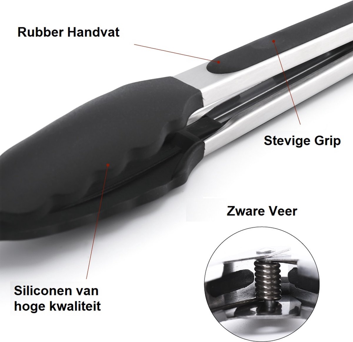 Keukentang RVS 3 Delige Set - Serveertang - BBQ Tang - Barbecue Tang - Vleestang - Vis tang - Grilltang - Saladetang - Keukentangen - BBQ Accessoires - Zwart - Met ophangoog - Keukengerei - Keukengadget - Vaatwasser bestendig - 3 Handige maten — afbeelding 5