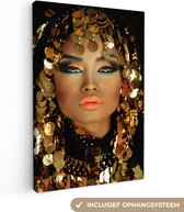 Canvas Schilderij Vrouw - Cleopatra - Goud - Sieraden - Make up - Luxe - 80x120 cm - Wanddecoratie