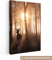 Canvas - Bos - Hert - Natuur - Zonsondergang - Dieren - Canvasdoek - 20x30 cm - Schilderijen op canvas - Canvas schilderij