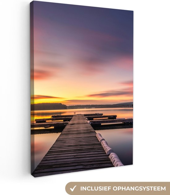 OneMillionCanvasses - Canvas schilderij - Zonsondergang - Water - Pier - Landschap - Schilderij natuur - Canvas doek - 60x90 cm - Muurdecoratie - Woonkamer