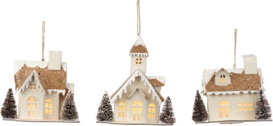 Maisons de bonne volonté avec éclairage LED Marron- Wit 14 cm Advantage Ass. Par 3 pièces