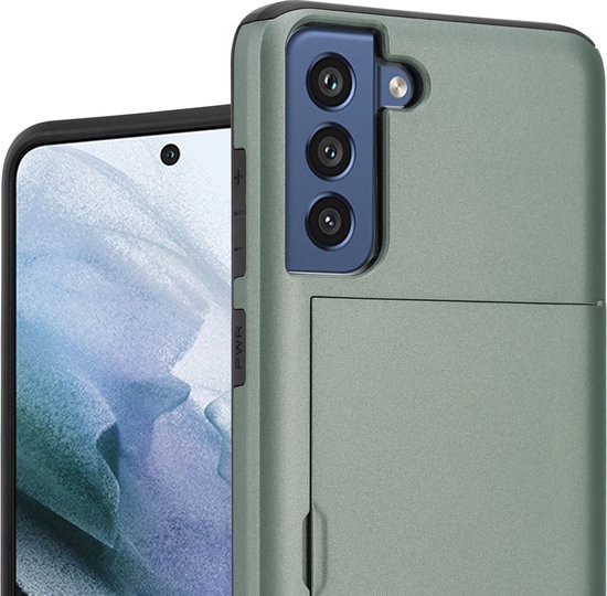 Close-up van de groene ShieldCase telefoonhoes met schuifvak, focus op de cameralens en de zijkant.