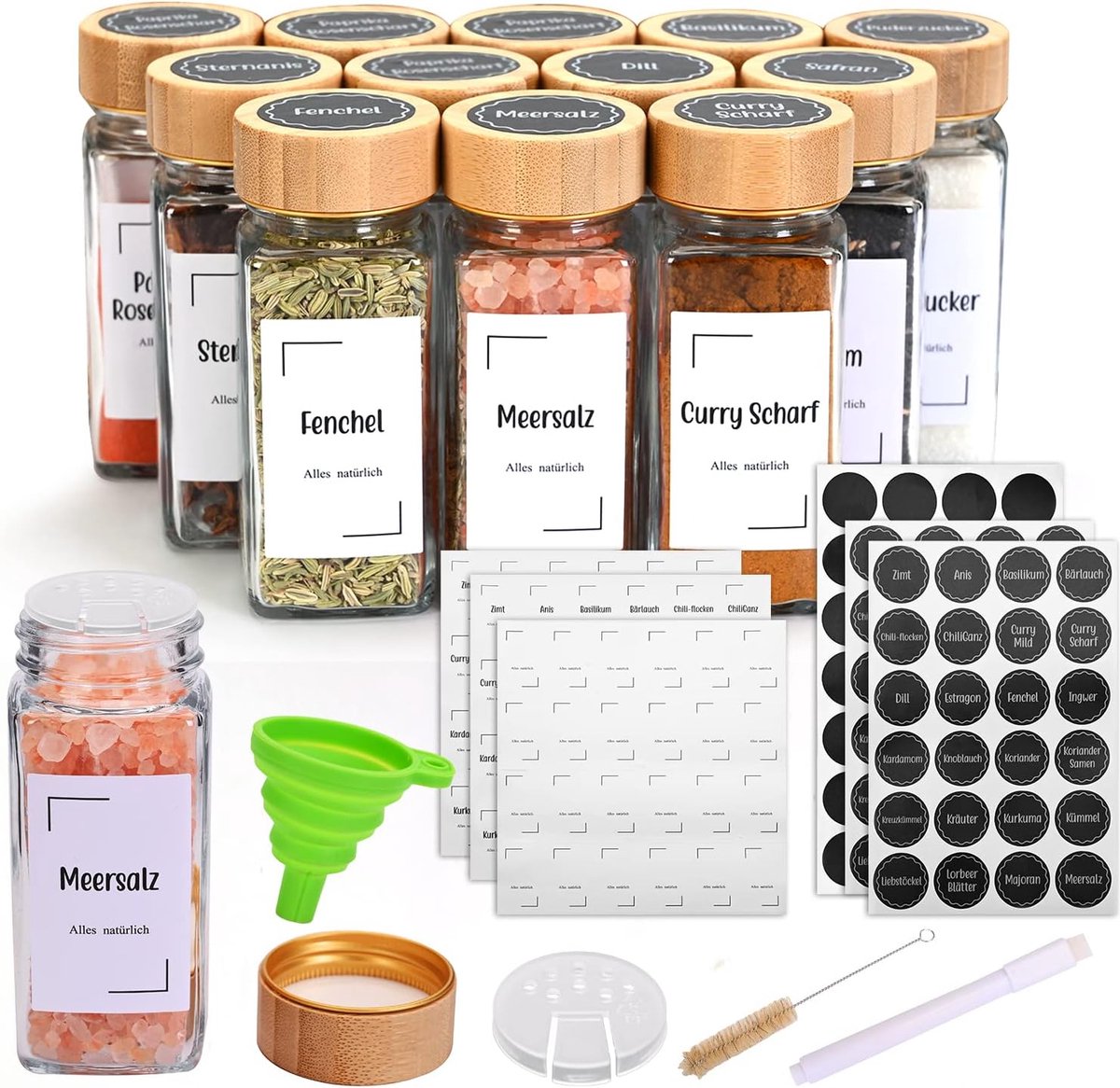 AolKee 24 stuks 120 ml glazen kruidenpotten met deksels, vierkante glazen potten, kruidencontainers kleine potten met etiketten, flesborstel, pen, trechter