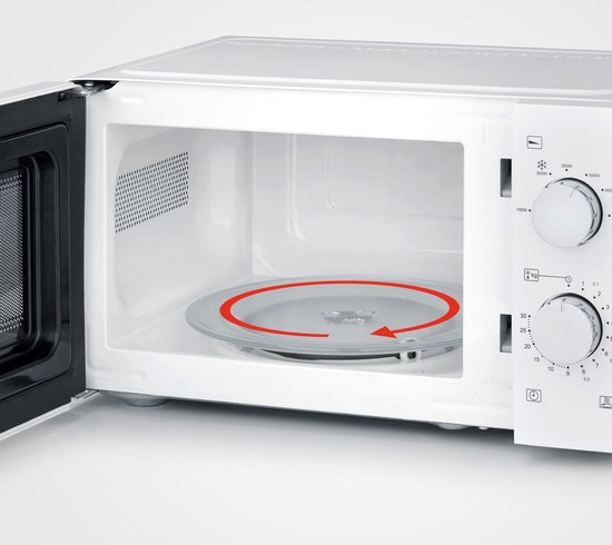 Open witte Severin magnetron met draaiplateau en rode draairichtingpijl.