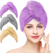 3-pack microvezel haardrooghanddoek, wikkelhanddoek, superabsorberende twist-tulband, sneldrogende haarkappen met knopen en lus, droogkap voor haar, geschikt voor badkamer en kapsalon (Grijs/Roze/Blauw) (Grijs Khaki Purper)