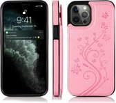 Coque iPhone 15 - Coque arrière - Porte carte - Portefeuille - Imprimé fleurs - Simili cuir - Rose