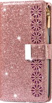 Coque iPhone 15 Pro - Bookcase - Cordon - Porte carte - Portefeuille - Glitter - Motif fleurs - Simili cuir - Or Goud