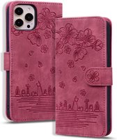 Coque iPhone 15 Pro - Bookcase - Cordon - Porte carte - Portefeuille - Protection appareil photo - Motif fleurs - Simili cuir - Rouge Bordeaux